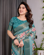 Teal Green Handloom Linen Saree with Multicolor Floral Printed Pallu & Zari Border | 5.5m Saree + 0.8m Blouse | Festive Tassel Finish