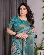 Teal Green Handloom Linen Saree with Multicolor Floral Printed Pallu & Zari Border | 5.5m Saree + 0.8m Blouse | Festive Tassel Finish