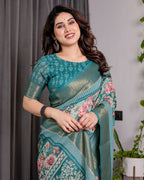 Teal Green Handloom Linen Saree with Multicolor Floral Printed Pallu & Zari Border | 5.5m Saree + 0.8m Blouse | Festive Tassel Finish