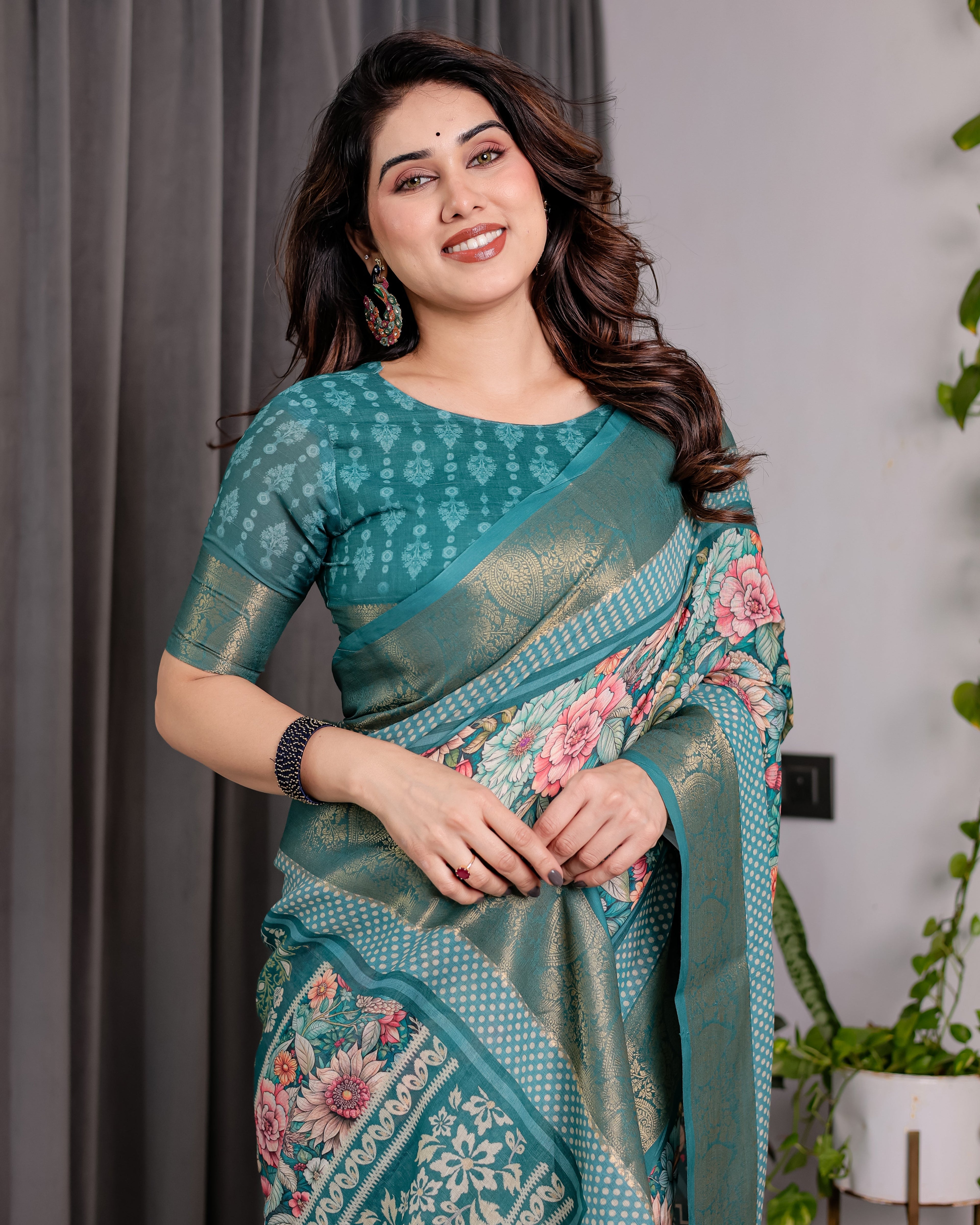 Teal Green Handloom Linen Saree with Multicolor Floral Printed Pallu & Zari Border | 5.5m Saree + 0.8m Blouse | Festive Tassel Finish