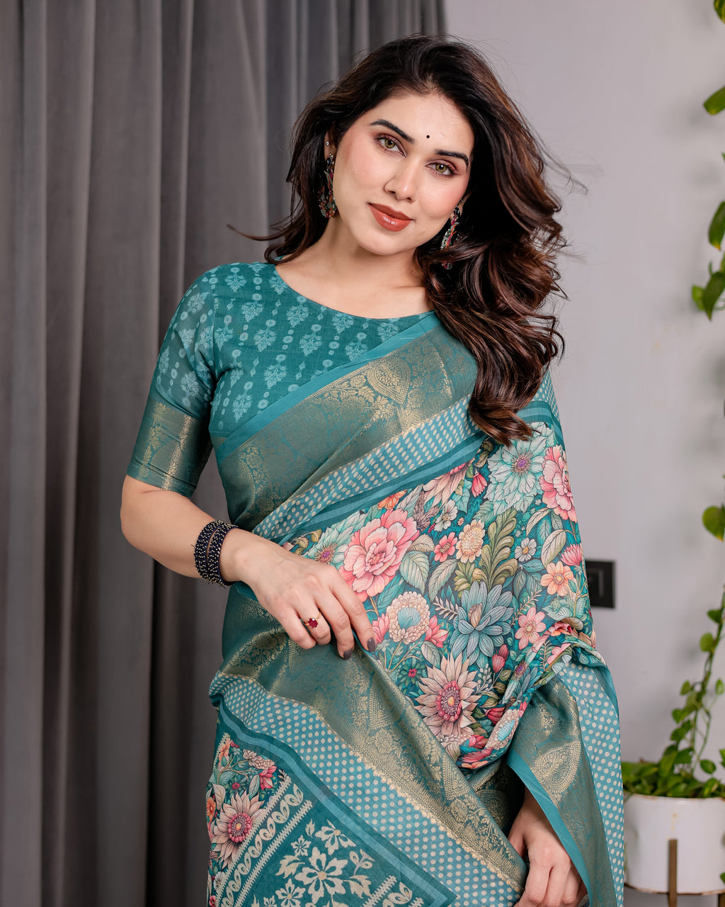 Teal Green Handloom Linen Saree with Multicolor Floral Printed Pallu & Zari Border | 5.5m Saree + 0.8m Blouse | Festive Tassel Finish