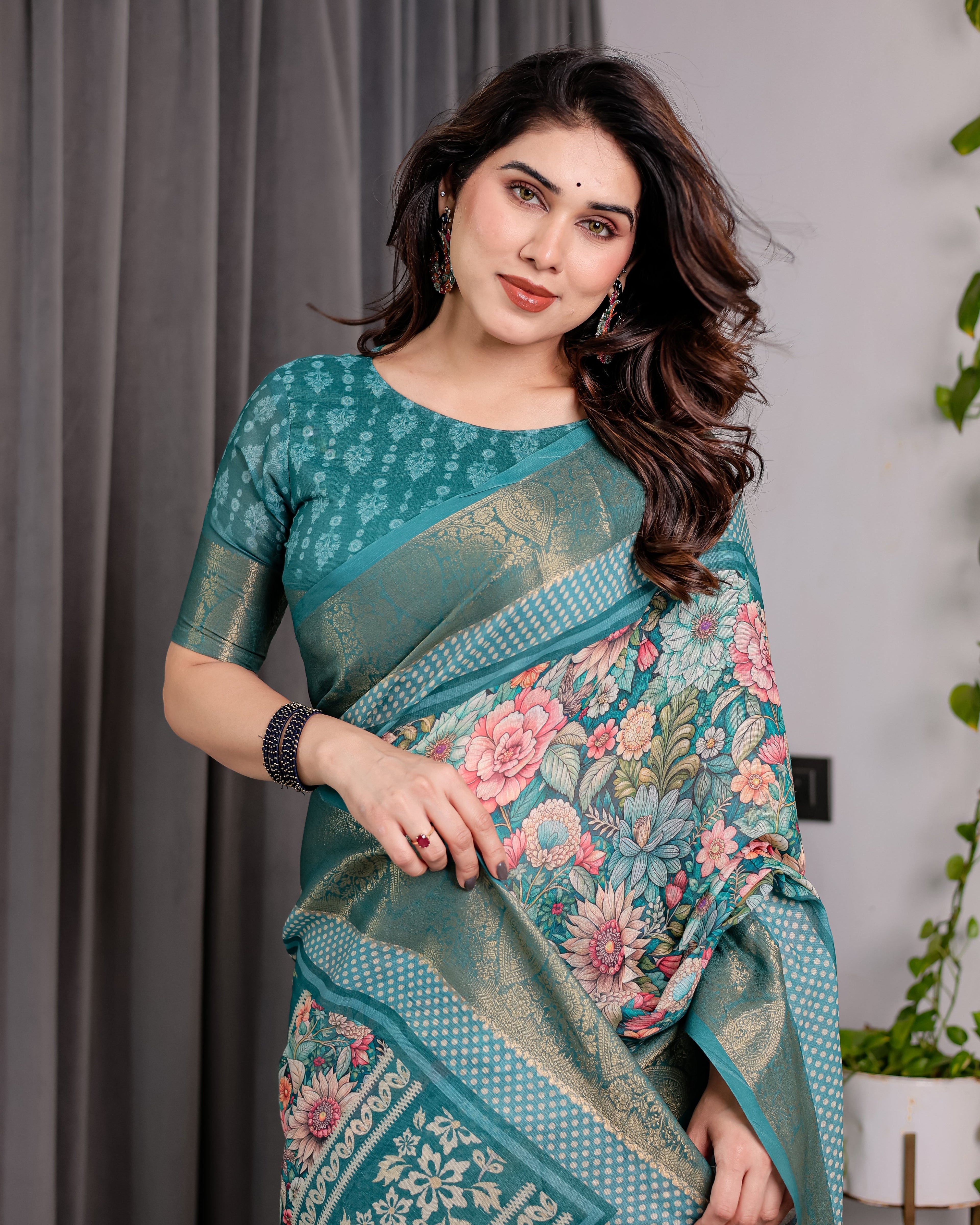 Teal Green Handloom Linen Saree with Multicolor Floral Printed Pallu & Zari Border | 5.5m Saree + 0.8m Blouse | Festive Tassel Finish