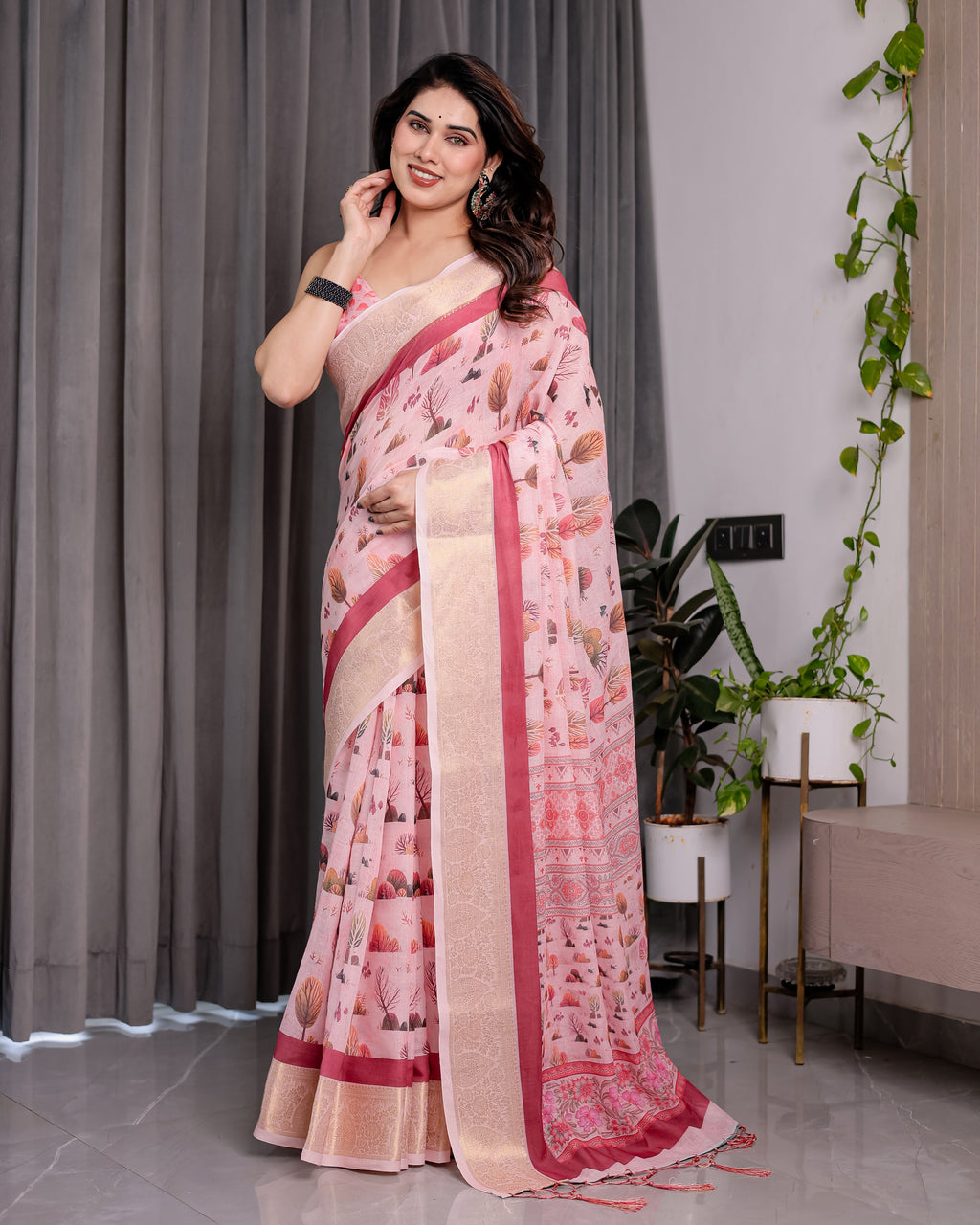 Blush Pink Handloom Linen Saree with Lotus Motif Printed Pallu & Zari Border | 5.5m Saree + 0.8m Blouse | Elegant Tassel Finish