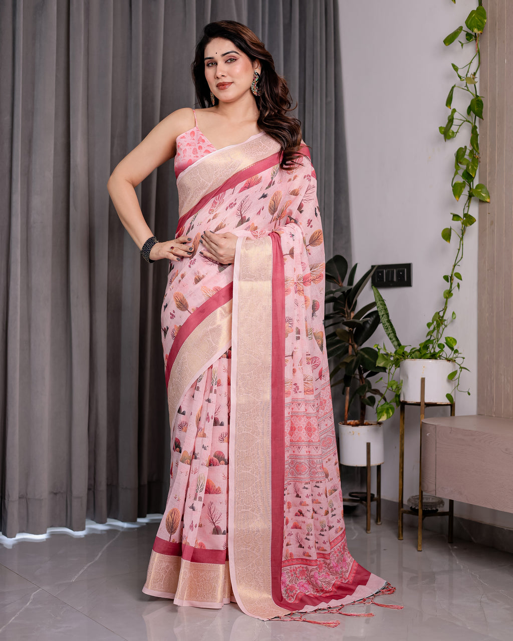Blush Pink Handloom Linen Saree with Lotus Motif Printed Pallu & Zari Border | 5.5m Saree + 0.8m Blouse | Elegant Tassel Finish