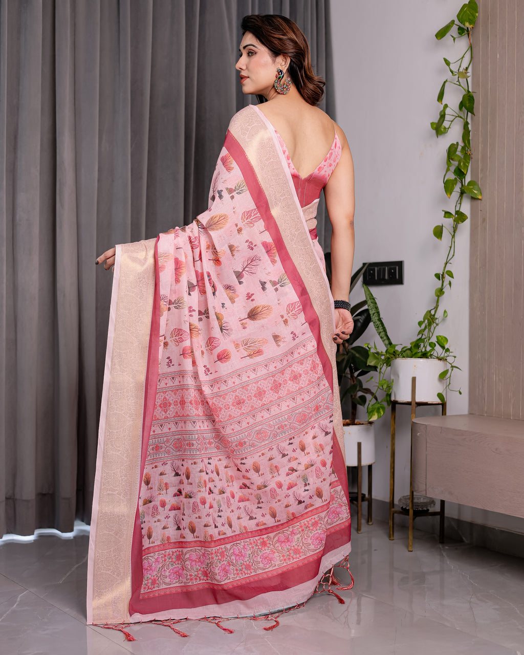 Blush Pink Handloom Linen Saree with Lotus Motif Printed Pallu & Zari Border | 5.5m Saree + 0.8m Blouse | Elegant Tassel Finish