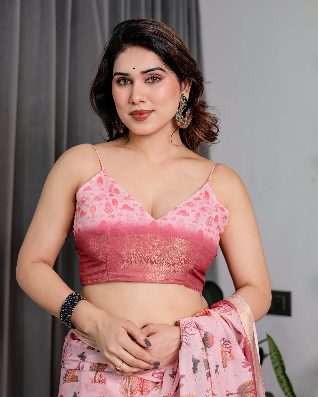 Blush Pink Handloom Linen Saree with Lotus Motif Printed Pallu & Zari Border | 5.5m Saree + 0.8m Blouse | Elegant Tassel Finish