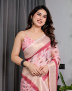 Blush Pink Handloom Linen Saree with Lotus Motif Printed Pallu & Zari Border | 5.5m Saree + 0.8m Blouse | Elegant Tassel Finish