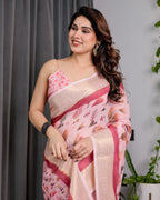 Blush Pink Handloom Linen Saree with Lotus Motif Printed Pallu & Zari Border | 5.5m Saree + 0.8m Blouse | Elegant Tassel Finish