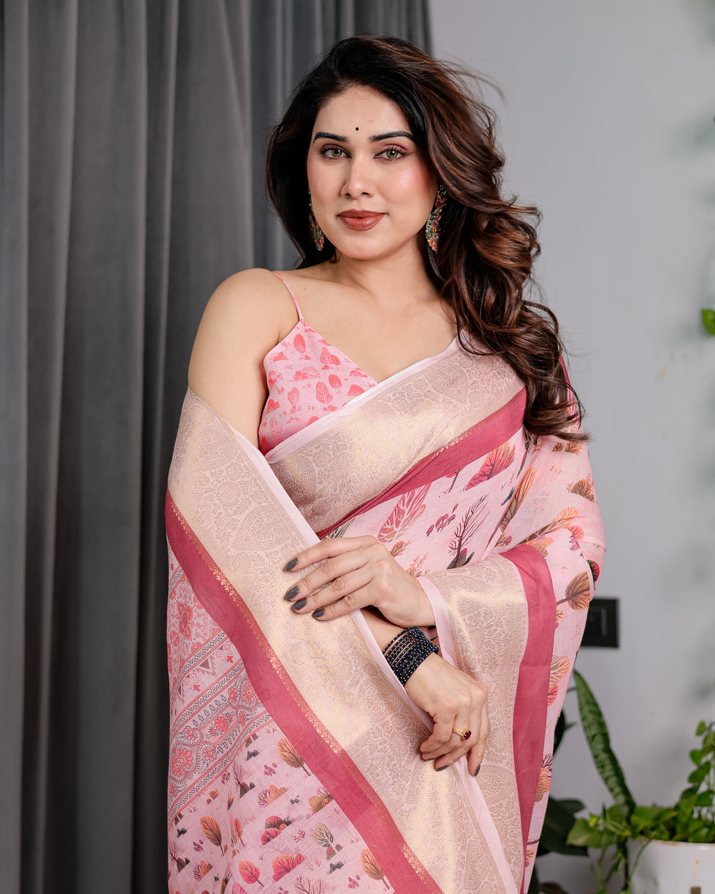 Blush Pink Handloom Linen Saree with Lotus Motif Printed Pallu & Zari Border | 5.5m Saree + 0.8m Blouse | Elegant Tassel Finish