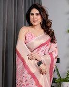 Blush Pink Handloom Linen Saree with Lotus Motif Printed Pallu & Zari Border | 5.5m Saree + 0.8m Blouse | Elegant Tassel Finish