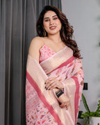 Blush Pink Handloom Linen Saree with Lotus Motif Printed Pallu & Zari Border | 5.5m Saree + 0.8m Blouse | Elegant Tassel Finish