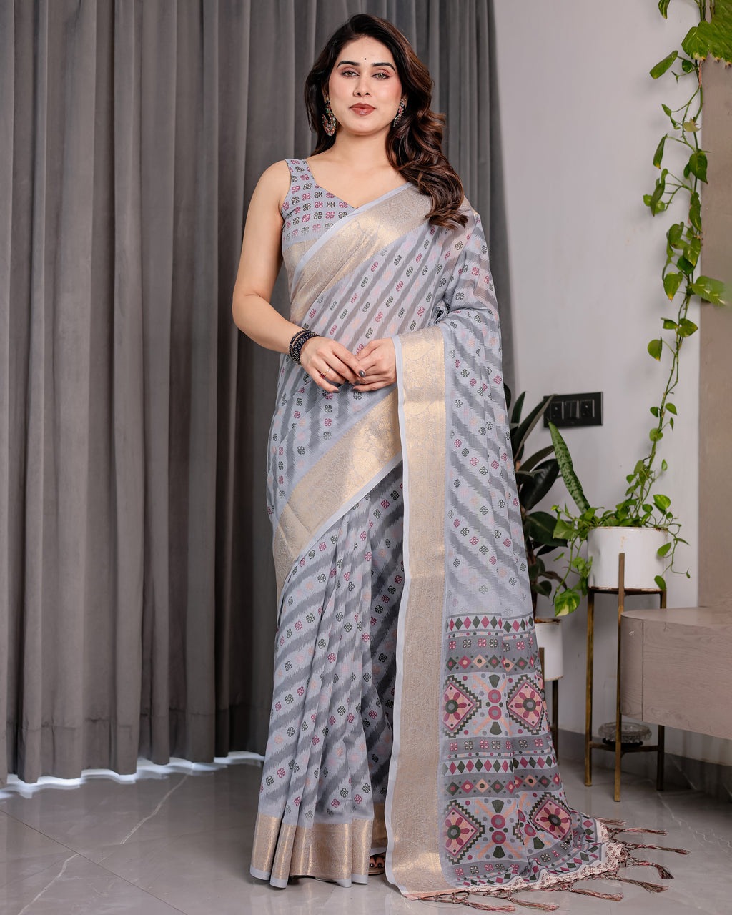 Pastel Grey Handloom Linen Saree with Multicolor Tribal Geometric Pallu & Zari Border | Tassels | 5.5m Saree + 0.8m Blouse