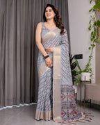 Pastel Grey Handloom Linen Saree with Multicolor Tribal Geometric Pallu & Zari Border | Tassels | 5.5m Saree + 0.8m Blouse