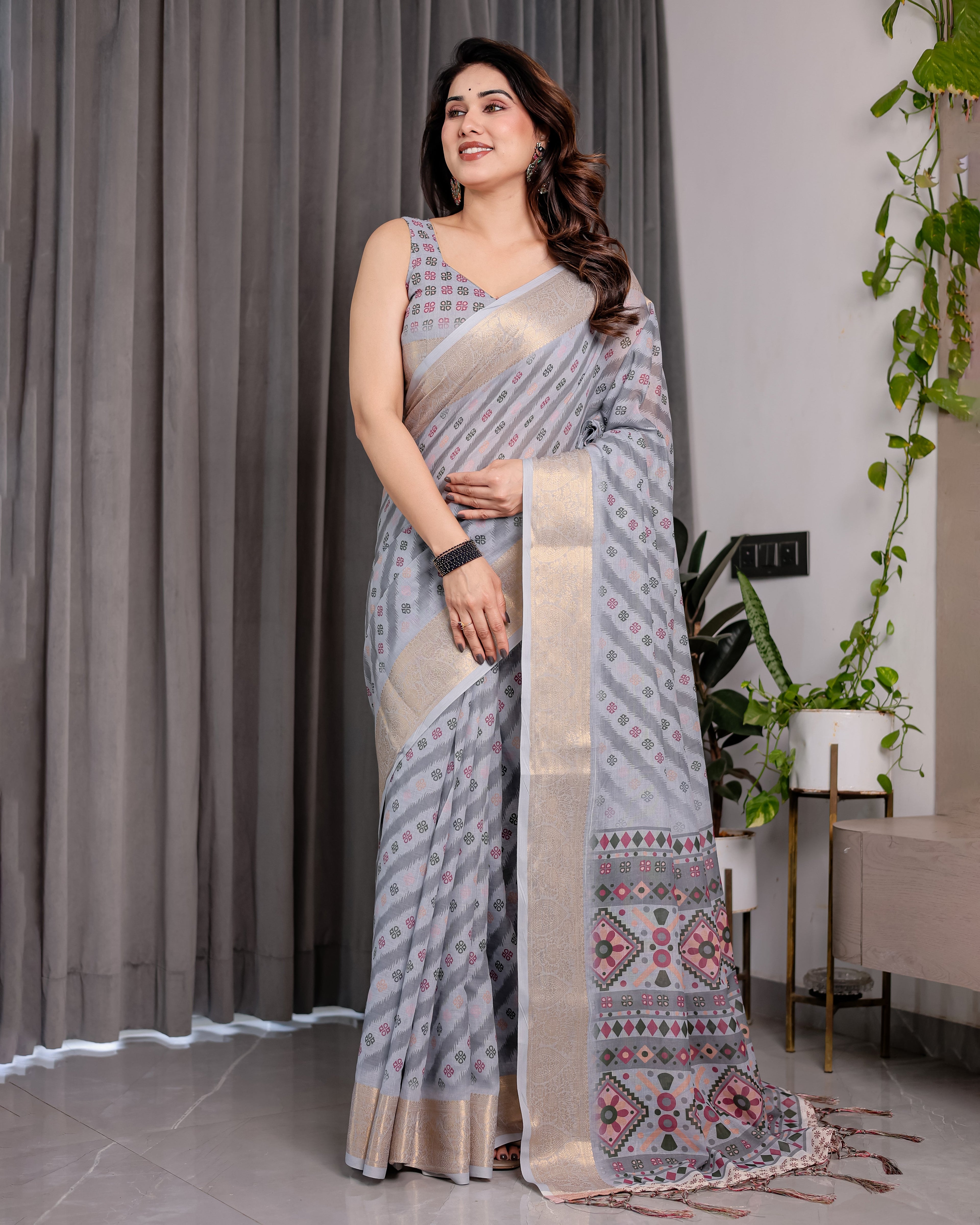 Pastel Grey Handloom Linen Saree with Multicolor Tribal Geometric Pallu & Zari Border | Tassels | 5.5m Saree + 0.8m Blouse