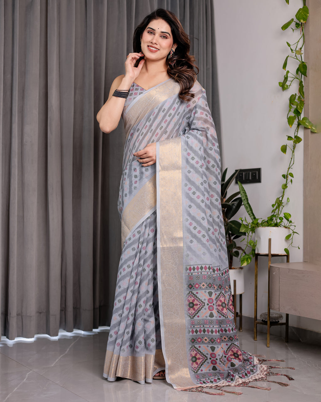 Pastel Grey Handloom Linen Saree with Multicolor Tribal Geometric Pallu & Zari Border | Tassels | 5.5m Saree + 0.8m Blouse