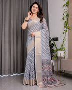 Pastel Grey Handloom Linen Saree with Multicolor Tribal Geometric Pallu & Zari Border | Tassels | 5.5m Saree + 0.8m Blouse