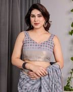 Pastel Grey Handloom Linen Saree with Multicolor Tribal Geometric Pallu & Zari Border | Tassels | 5.5m Saree + 0.8m Blouse