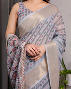Pastel Grey Handloom Linen Saree with Multicolor Tribal Geometric Pallu & Zari Border | Tassels | 5.5m Saree + 0.8m Blouse