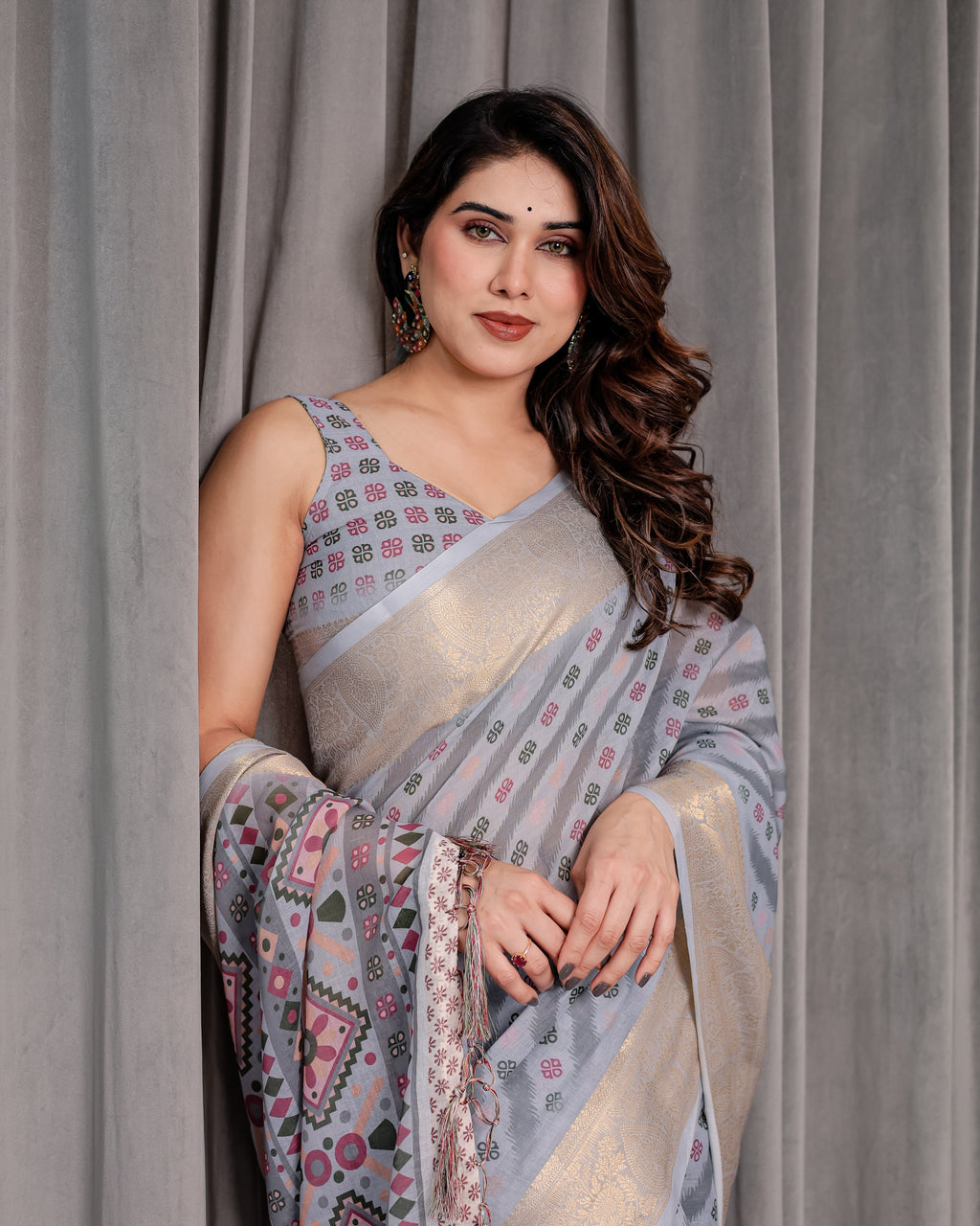 Pastel Grey Handloom Linen Saree with Multicolor Tribal Geometric Pallu & Zari Border | Tassels | 5.5m Saree + 0.8m Blouse