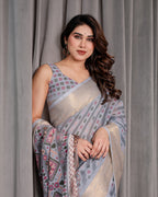 Pastel Grey Handloom Linen Saree with Multicolor Tribal Geometric Pallu & Zari Border | Tassels | 5.5m Saree + 0.8m Blouse