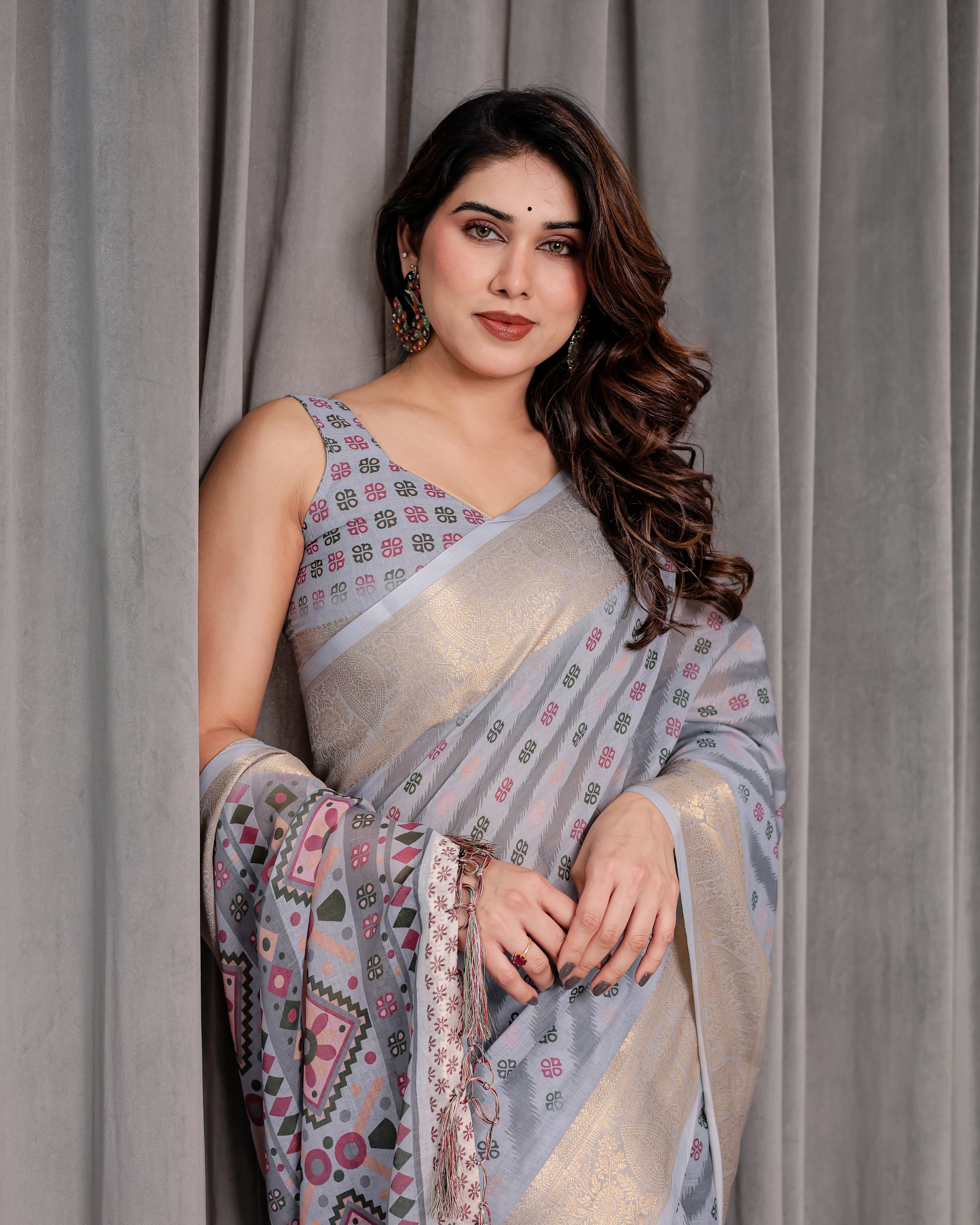 Pastel Grey Handloom Linen Saree with Multicolor Tribal Geometric Pallu & Zari Border | Tassels | 5.5m Saree + 0.8m Blouse