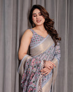 Pastel Grey Handloom Linen Saree with Multicolor Tribal Geometric Pallu & Zari Border | Tassels | 5.5m Saree + 0.8m Blouse
