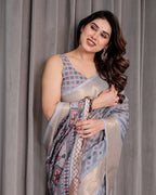 Pastel Grey Handloom Linen Saree with Multicolor Tribal Geometric Pallu & Zari Border | Tassels | 5.5m Saree + 0.8m Blouse