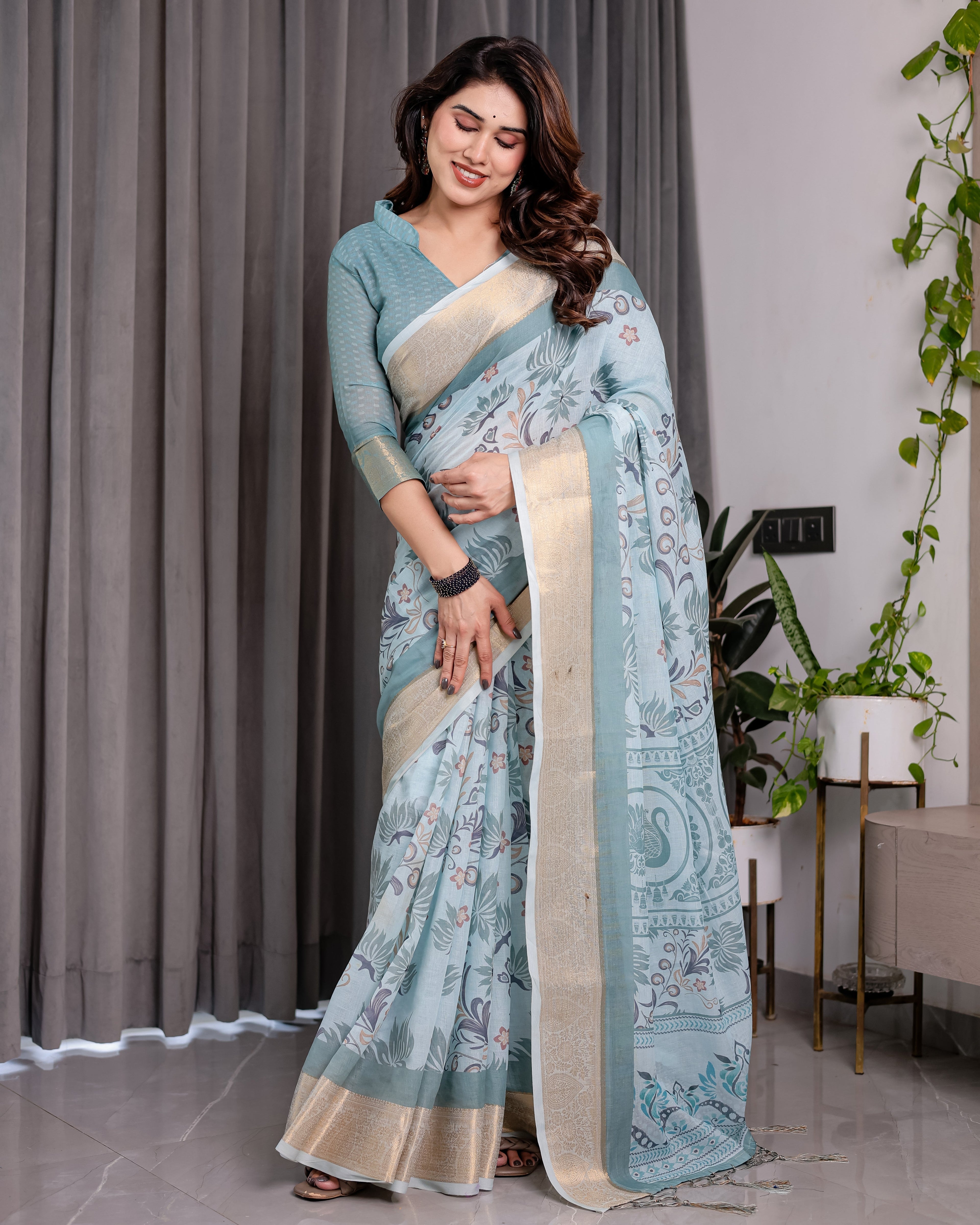 Pastel Aqua Blue Handloom Linen Saree with Peacock & Floral Digital Print, Zari Border & Tassel Pallu | 5.5m Saree + 0.8m Blouse