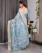 Pastel Aqua Blue Handloom Linen Saree with Peacock & Floral Digital Print, Zari Border & Tassel Pallu | 5.5m Saree + 0.8m Blouse