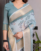 Pastel Aqua Blue Handloom Linen Saree with Peacock & Floral Digital Print, Zari Border & Tassel Pallu | 5.5m Saree + 0.8m Blouse