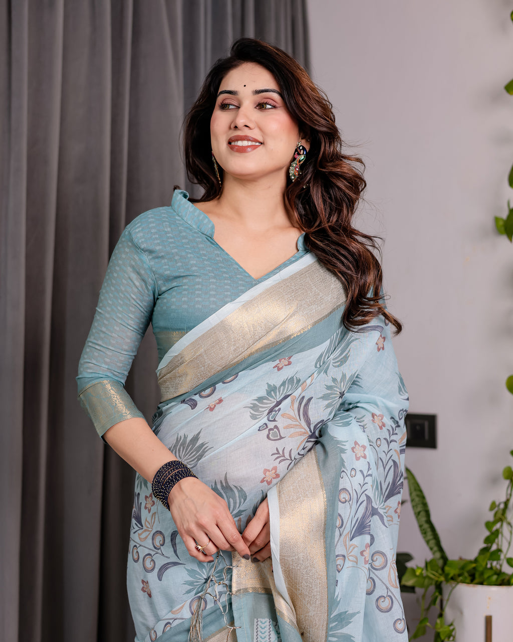 Pastel Aqua Blue Handloom Linen Saree with Peacock & Floral Digital Print, Zari Border & Tassel Pallu | 5.5m Saree + 0.8m Blouse