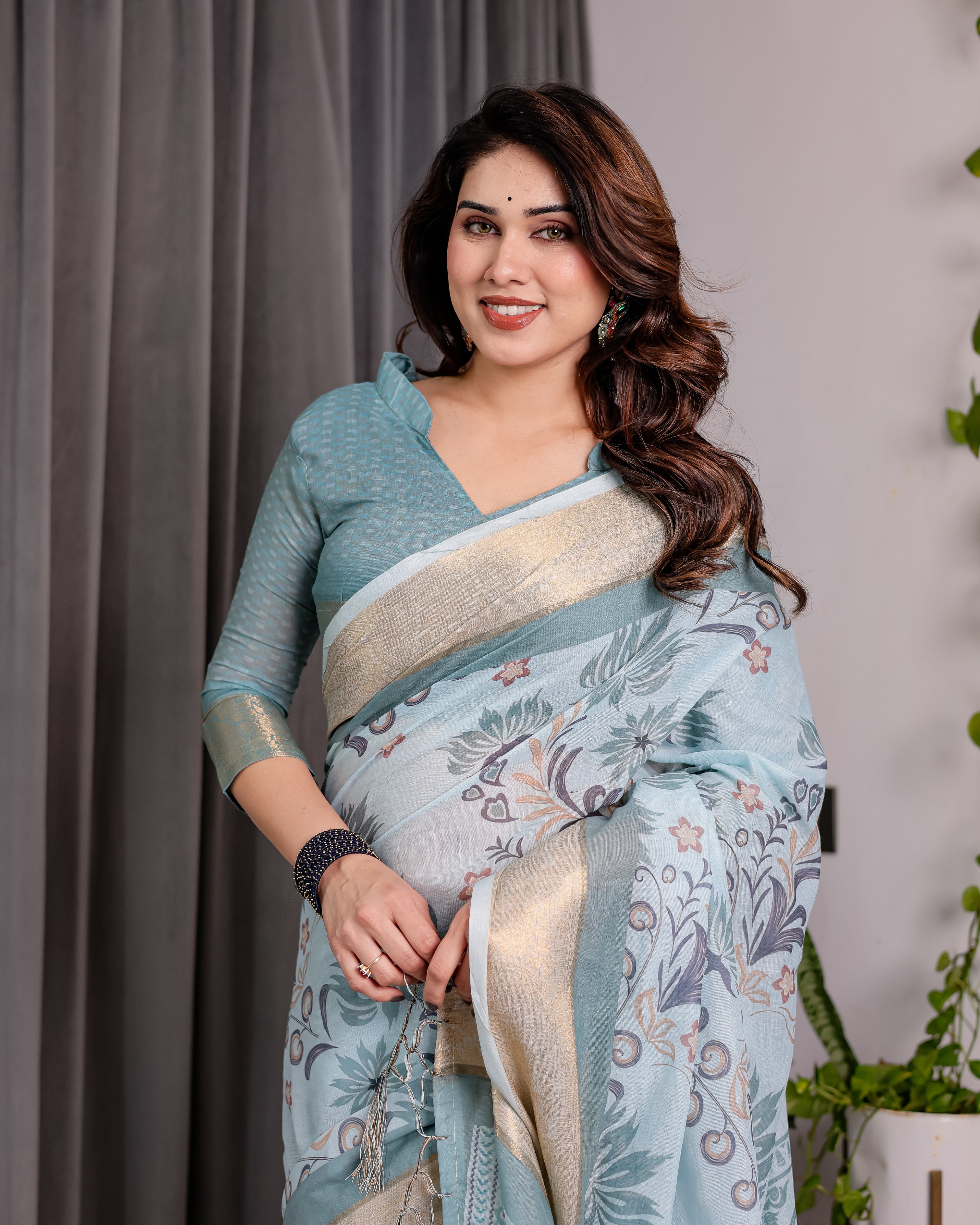 Pastel Aqua Blue Handloom Linen Saree with Peacock & Floral Digital Print, Zari Border & Tassel Pallu | 5.5m Saree + 0.8m Blouse