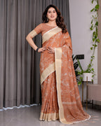 Rust Brown Handloom Linen Saree with White Floral Print, Zari Border & Tassel Pallu | 5.5m Saree + 0.8m Blouse