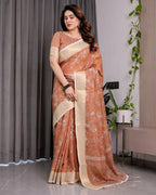 Rust Brown Handloom Linen Saree with White Floral Print, Zari Border & Tassel Pallu | 5.5m Saree + 0.8m Blouse