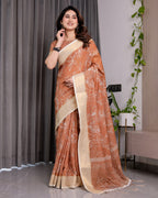 Rust Brown Handloom Linen Saree with White Floral Print, Zari Border & Tassel Pallu | 5.5m Saree + 0.8m Blouse