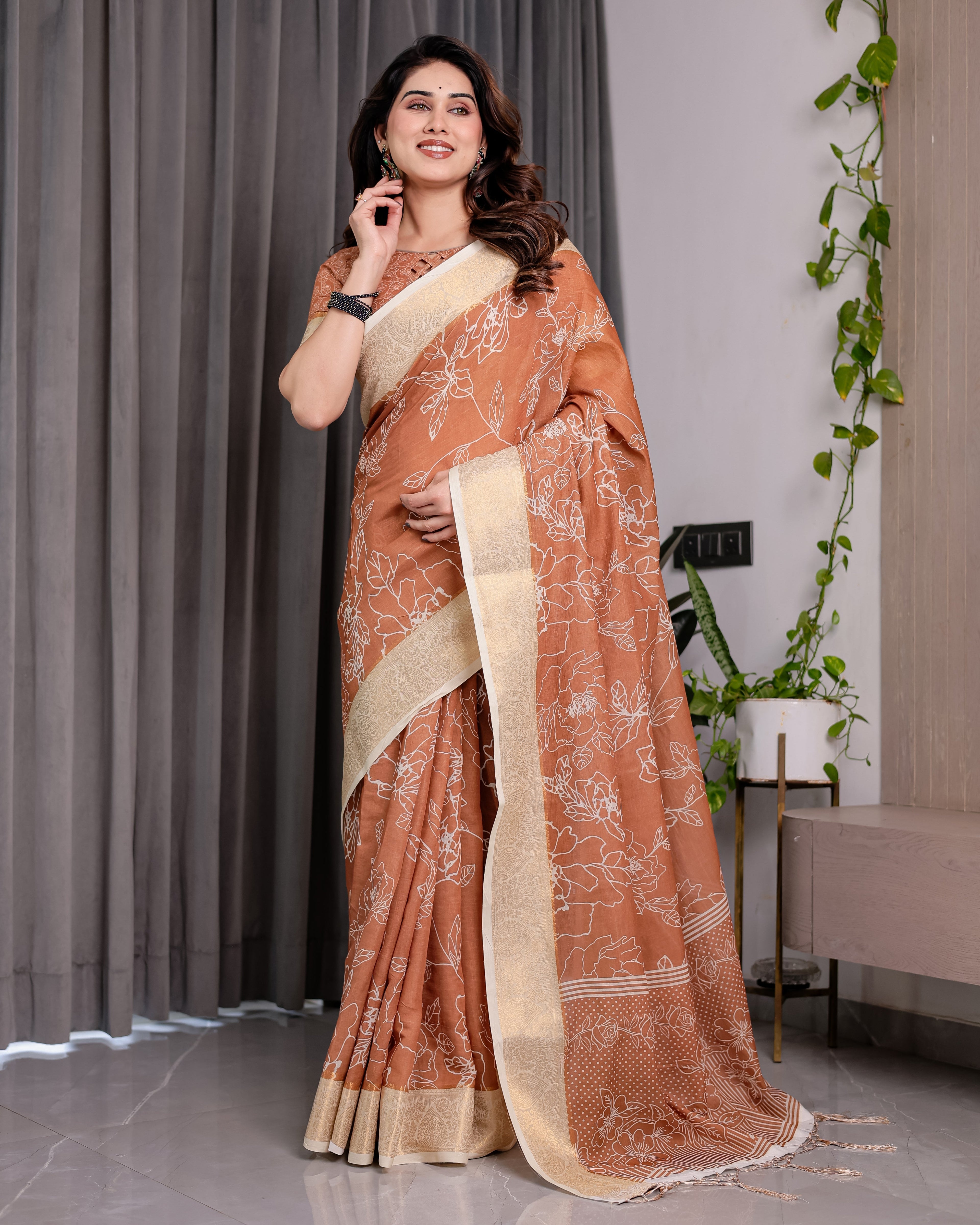 Rust Brown Handloom Linen Saree with White Floral Print, Zari Border & Tassel Pallu | 5.5m Saree + 0.8m Blouse