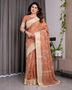 Rust Brown Handloom Linen Saree with White Floral Print, Zari Border & Tassel Pallu | 5.5m Saree + 0.8m Blouse