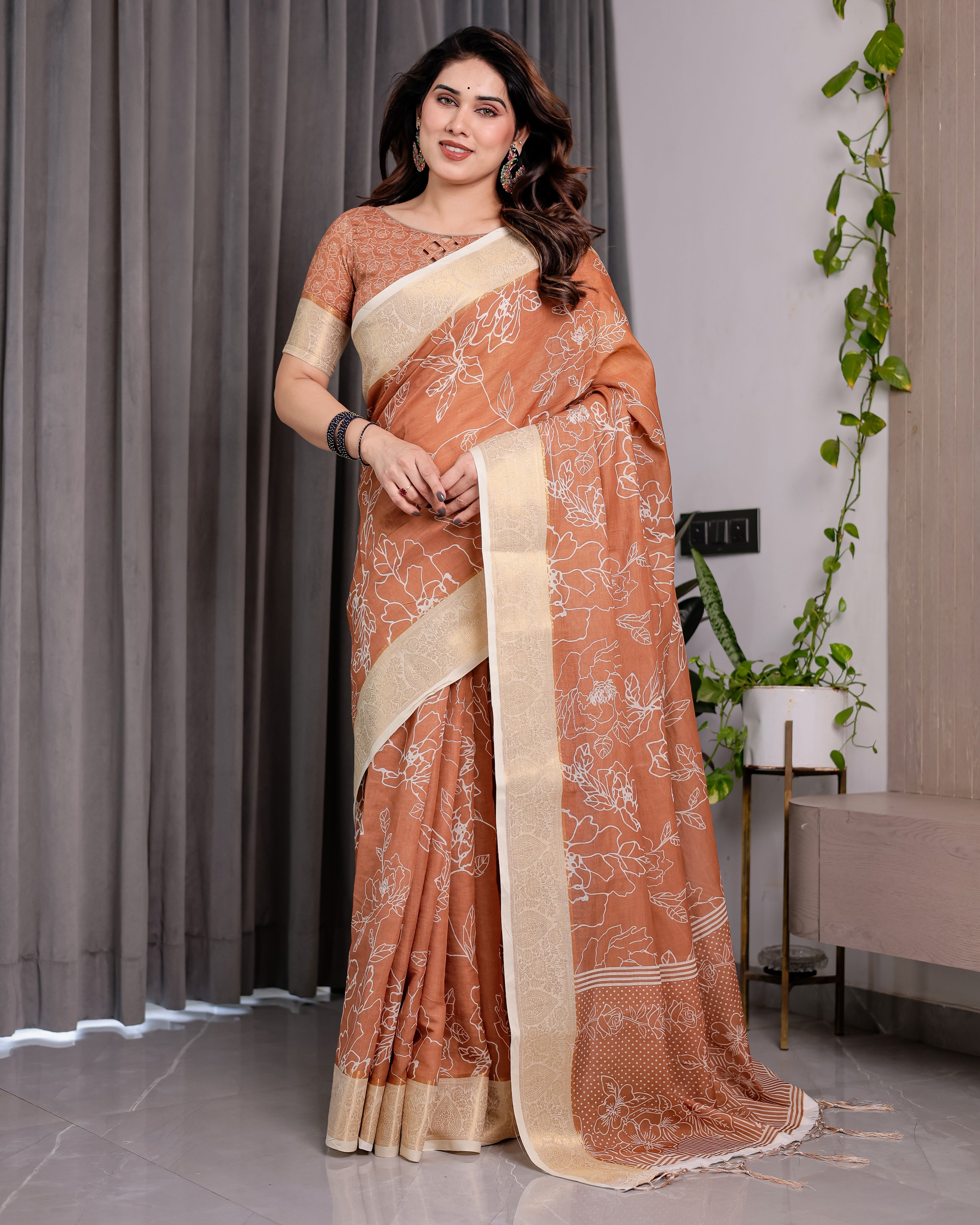 Rust Brown Handloom Linen Saree with White Floral Print, Zari Border & Tassel Pallu | 5.5m Saree + 0.8m Blouse