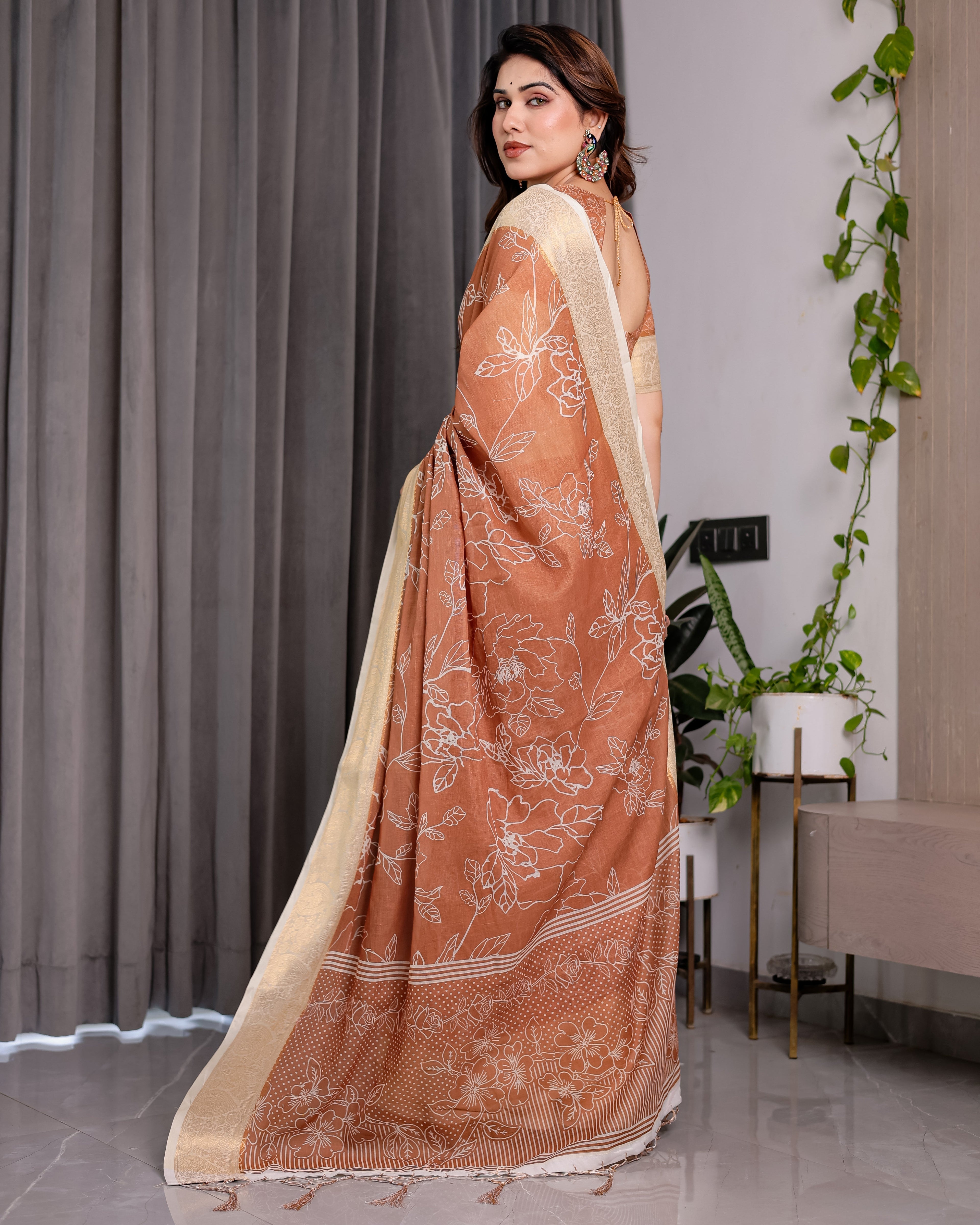 Rust Brown Handloom Linen Saree with White Floral Print, Zari Border & Tassel Pallu | 5.5m Saree + 0.8m Blouse