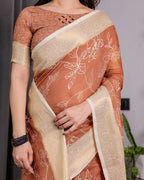 Rust Brown Handloom Linen Saree with White Floral Print, Zari Border & Tassel Pallu | 5.5m Saree + 0.8m Blouse