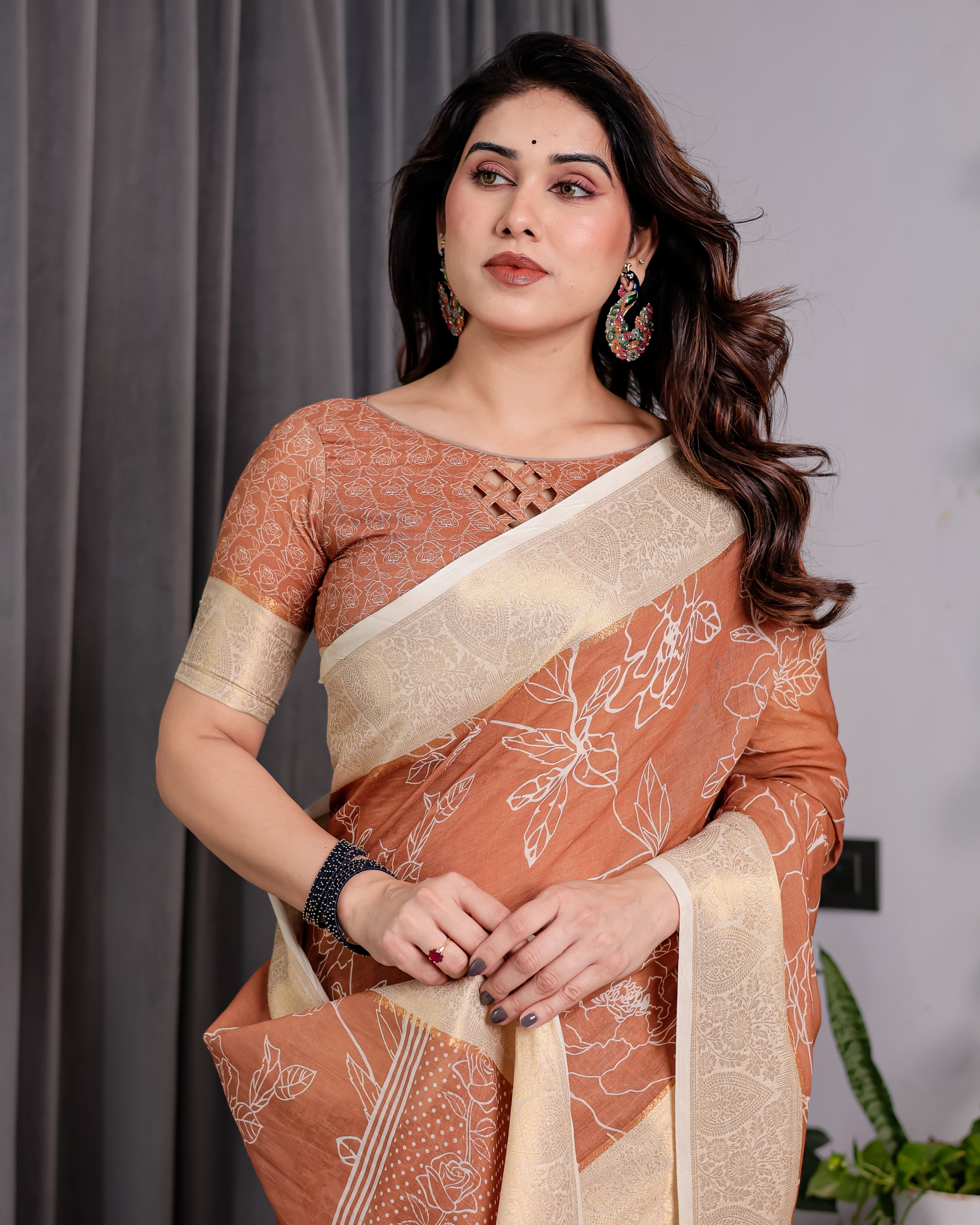 Rust Brown Handloom Linen Saree with White Floral Print, Zari Border & Tassel Pallu | 5.5m Saree + 0.8m Blouse