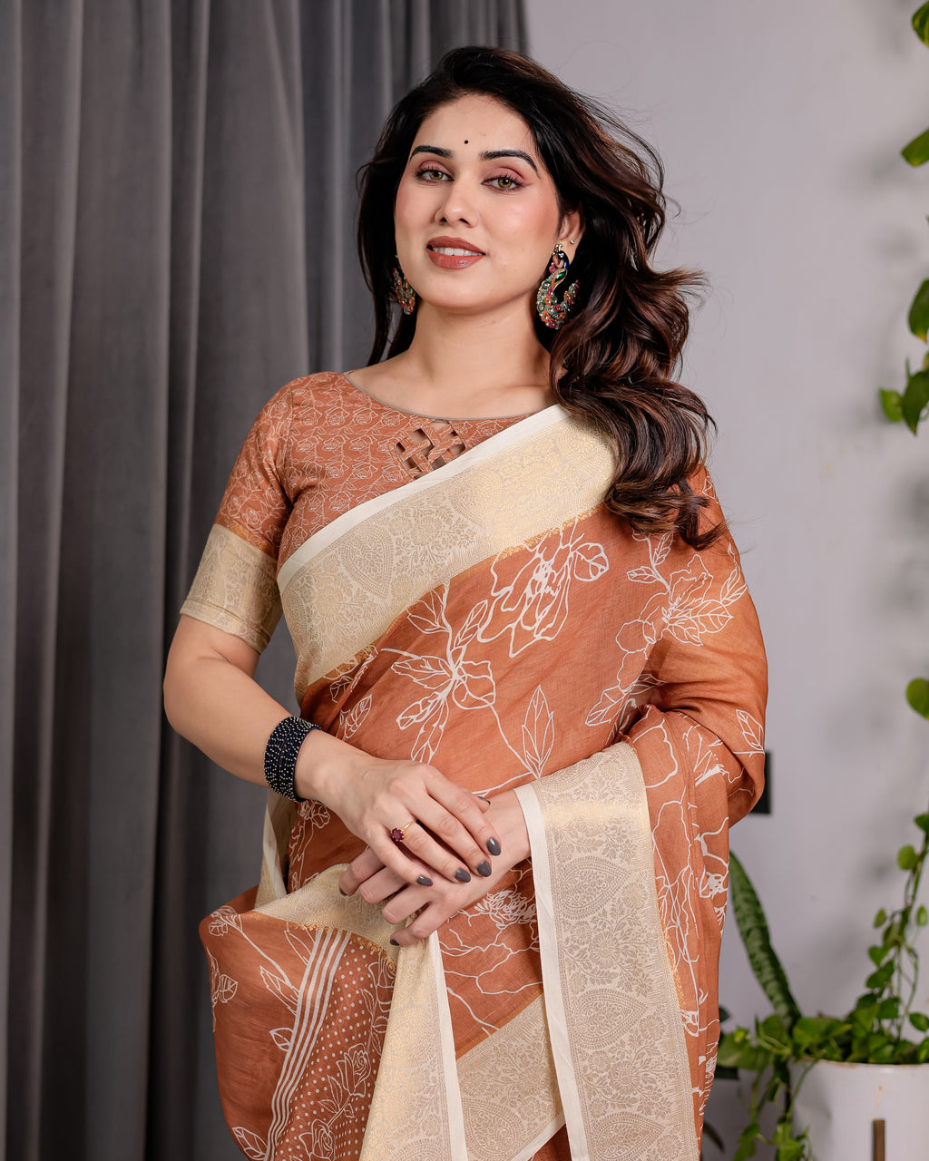Rust Brown Handloom Linen Saree with White Floral Print, Zari Border & Tassel Pallu | 5.5m Saree + 0.8m Blouse