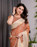 Rust Brown Handloom Linen Saree with White Floral Print, Zari Border & Tassel Pallu | 5.5m Saree + 0.8m Blouse