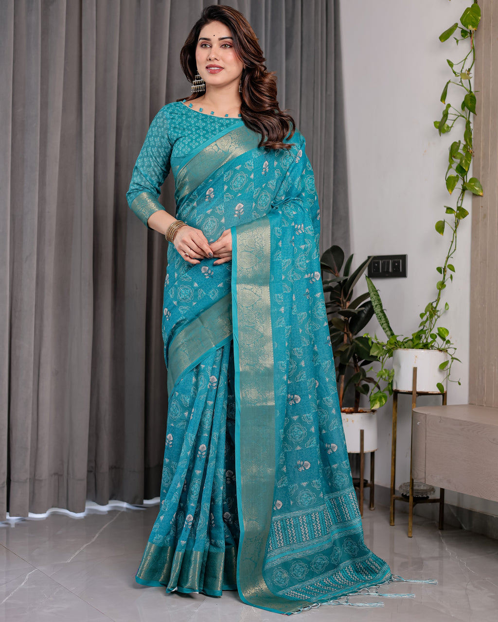 Teal Blue Handloom Linen Printed Saree with Rose Motifs & Zari Border | Pallu with Buttis & Tassels | 5.5m Saree + 0.8m Blouse