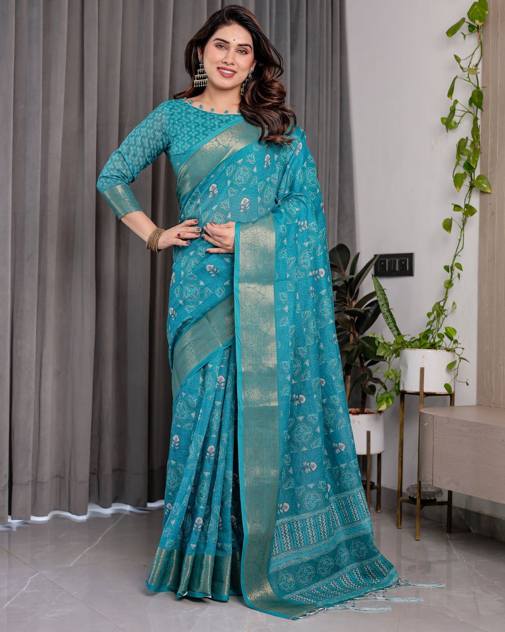 Teal Blue Handloom Linen Printed Saree with Rose Motifs & Zari Border | Pallu with Buttis & Tassels | 5.5m Saree + 0.8m Blouse