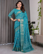 Teal Blue Handloom Linen Printed Saree with Rose Motifs & Zari Border | Pallu with Buttis & Tassels | 5.5m Saree + 0.8m Blouse