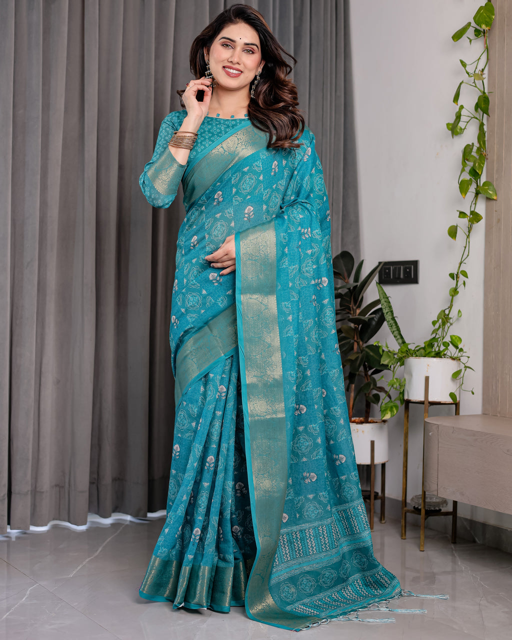 Teal Blue Handloom Linen Printed Saree with Rose Motifs & Zari Border | Pallu with Buttis & Tassels | 5.5m Saree + 0.8m Blouse