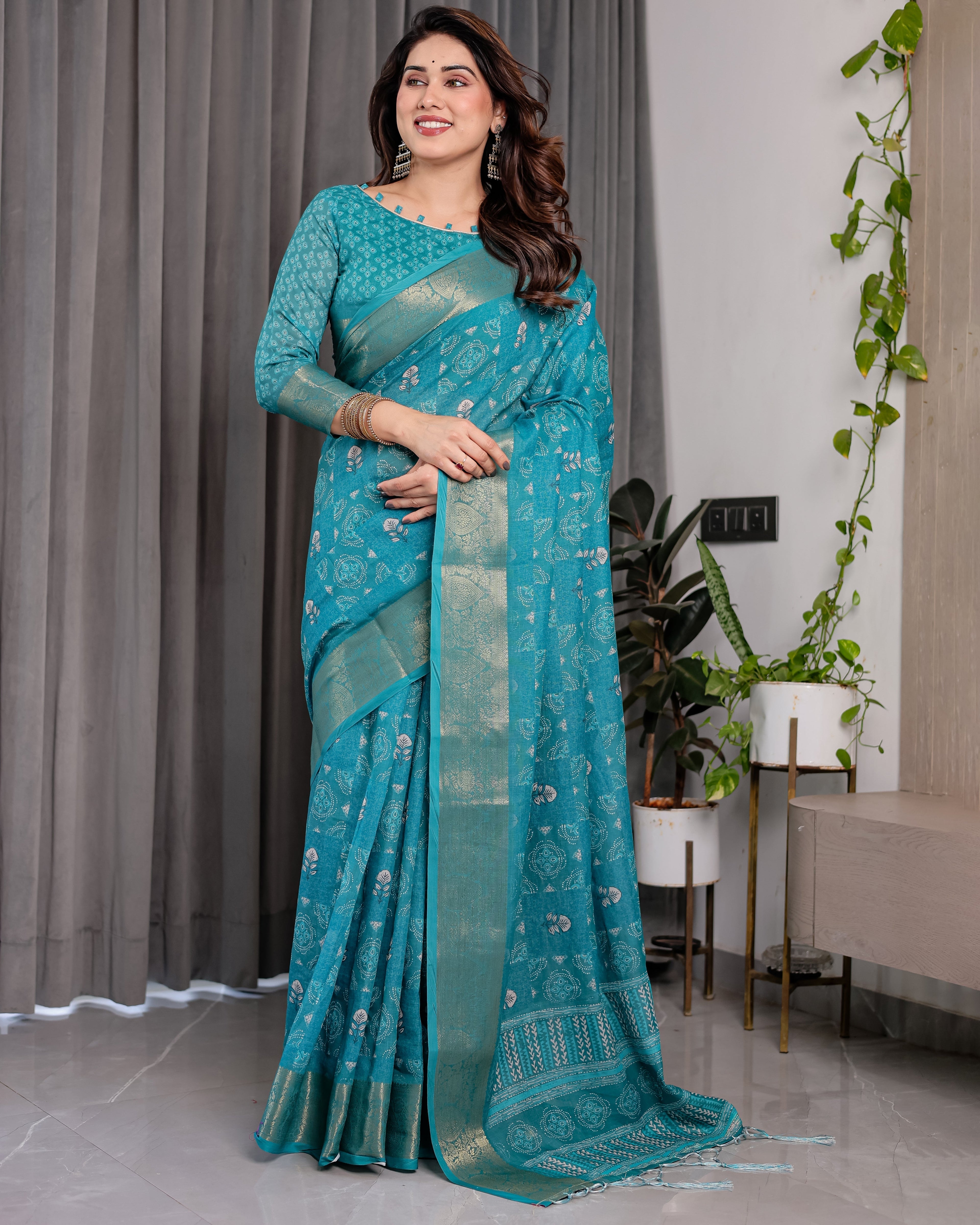 Teal Blue Handloom Linen Printed Saree with Rose Motifs & Zari Border | Pallu with Buttis & Tassels | 5.5m Saree + 0.8m Blouse