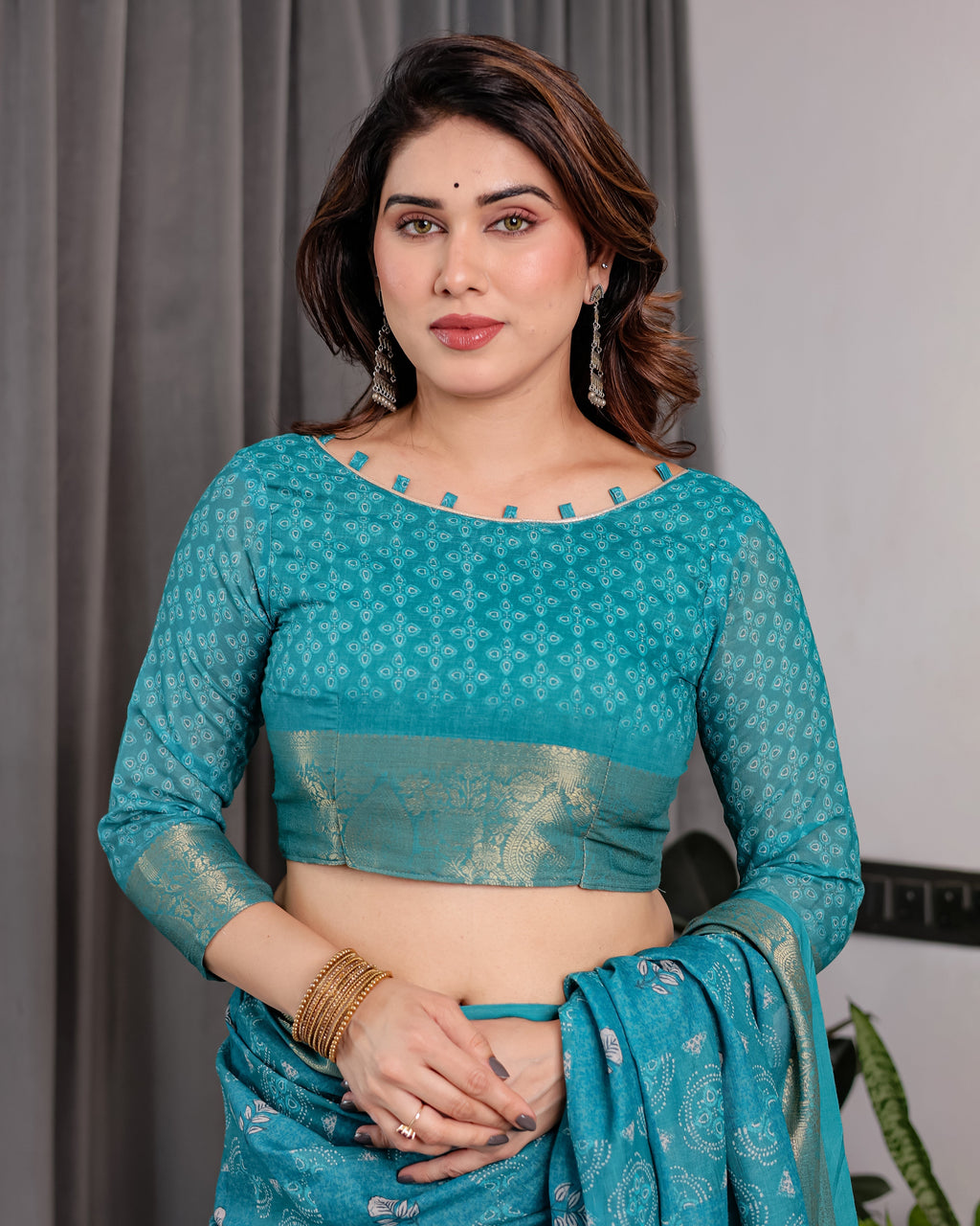Teal Blue Handloom Linen Printed Saree with Rose Motifs & Zari Border | Pallu with Buttis & Tassels | 5.5m Saree + 0.8m Blouse