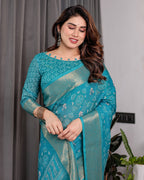 Teal Blue Handloom Linen Printed Saree with Rose Motifs & Zari Border | Pallu with Buttis & Tassels | 5.5m Saree + 0.8m Blouse